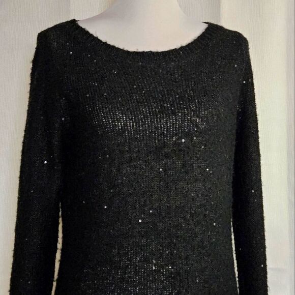 Anne Klein Knit Black Bouclé Sequin Sparkle Long Sleeve Scoop Neck Sweater Dress - Picture 3 of 10
